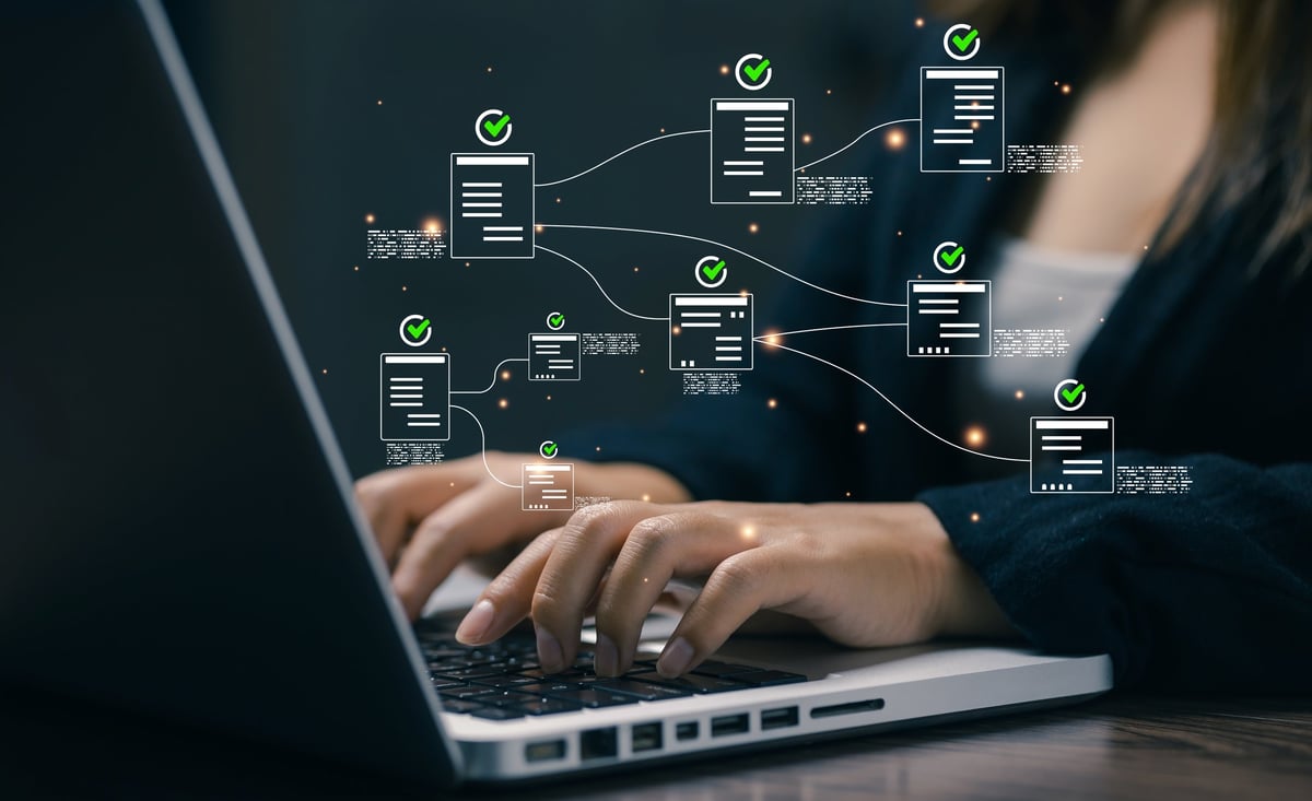 Digital workflow automation with verified document approval system, representing business process optimization, online collaboration, and secure enterprise management technology.