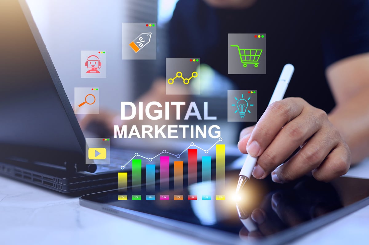 digital marketing concept a man working on tablet to data market analysis to social media strategy planning